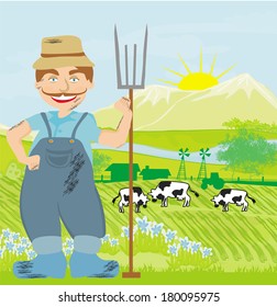 Man working in green meadow 