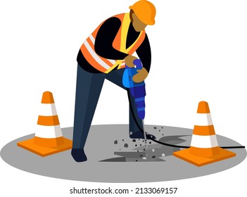 man working with hammer drill, Worker In Protective Uniform And Helmet working, concrete core drill, vector ullustration