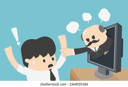 Man working hard and he is afraid of a yelling from the boss, computer screen Illustration concept 