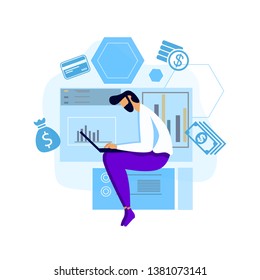 Man Working Hard Laptop Brainstorming Process Motivate Flat Cartoon Banner Banker Trader Worker Analyzing Calculating Benefit Planning Considering Graphs Collecting Financial Data Vector Illustration