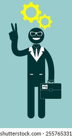 Man with a working head, spinning gears, vector illustration