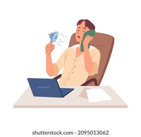 Hombre trabajando en calor. Personaje soplando aire frío a sí mismo. Cuidando de su comodidad, dificultades en verano. Aire acondicionado casero, lugar de trabajo incómodo. Dibujo vectorial plano de dibujos animados