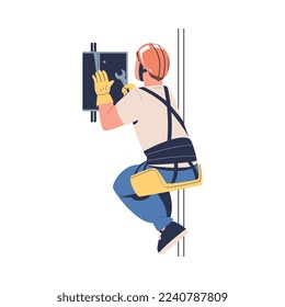 Man Working at Height with Breaker Box Suspended on Rope and Hanging with Harness Engaged in Industrial Climbing Vector Illustration