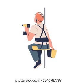 Hombre trabajando a la altura con taladro suspendido en el taladro y colgado con arnés comprometido en la ilustración de vectores de escalada industrial