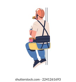 Man Working at Height Having Lunch Suspended on Rope and Hanging with Harness Engaged in Industrial Climbing Vector Illustration