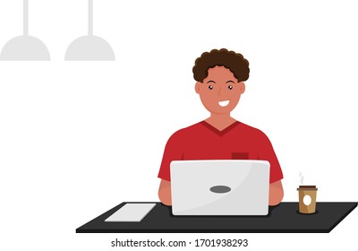 A man working at her desk at home. He has a lot of work. Man working with laptop at her work desk and testing ui and ux. Vector illustration of man at home.