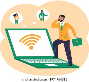 Man working with his colleagues on internet. Video conference and online meeting workspace concept. Work from home idea. People on computer screen talking with their team, boss calls subordinates