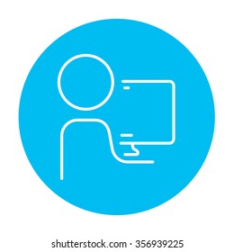 Man working at his computer line icon for web, mobile and infographics. Vector white icon on the light blue circle isolated on white background.