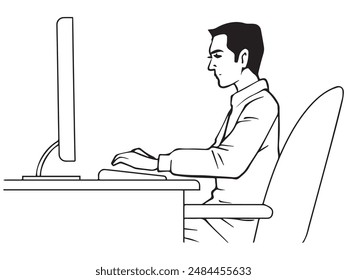 Ein Mann, der mit seinem Computer aus der Seitenansicht arbeitet.