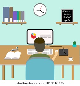 Man is working at his computer.Vector illustration.Young man employee,Flat cartoon.Color vector illusration.