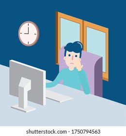 Man working at his desk at home office. Character sitting on chair and looking at computer screen with boring.