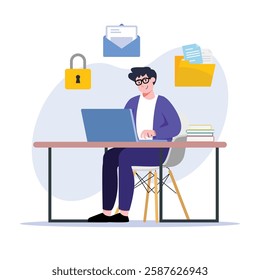 A man working at his desk while symbols of secured documents, email, and files float around him Great for data protection and online safety illustrations.