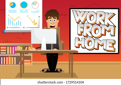 Man working in his home office. Cartoon vector illustration. Businessman staying and working from home.
