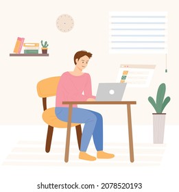 A man is working in his home office. flat design style vector illustration.