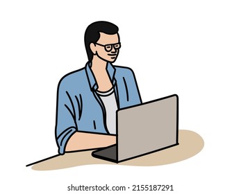 man working in his house, student with laptop 