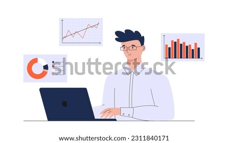 A man working at his laptop with different statistical charts. Illustration of working in an office. Vector business illustration