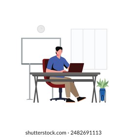 man is working at his laptop. Modern office interior with work process icons on the background. Vector illustration.