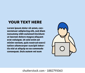 Ein Mann arbeitet mit seinem Laptop. Platz für Ihre Kopie oder Ihren Text. Cartoon Vektorstil für Ihr Design.