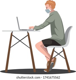 Man working with his laptop while using medical mask