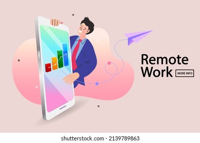 man is working at his mobile phone. Effective time management, workplace, workflow. Freelancer Work Remotely at Home or Coworking Place Using Smart Device. Flat Vector Illustration.