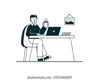 Un hombre está trabajando en su oficina, tomando un descanso para beber café caliente antes de completar su trabajo de fecha límite. Diseño de personajes. Ilustración plana de Vector