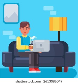 Man working with his PC , work with comfort in sofa, working with laptop and coffee