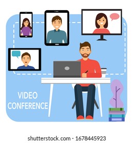 Un hombre trabajando con su equipo en Internet. Ilustración vectorial del concepto de espacio de trabajo de conferencia de vídeo y reunión en línea. Trabajo desde la idea de casa. Personas en la pantalla del equipo hablando con colegas.