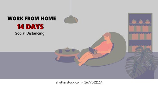 Man working from home for 14 days detention.shopping online,e-learning,vector,illustration,eps ,work from home.