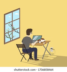 Man working from home alone with a cat next to his laptop computer, self quarantine during pandemic. Flat color vector illustration, yellow background.