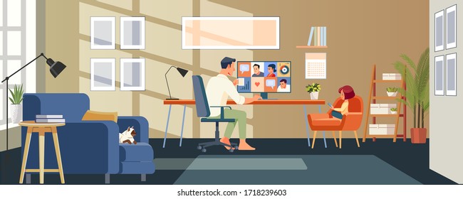 Man working from home. Businessman with group of colleagues taking part in video conference. Online communication. Virtual work meeting. Child online education at home. Cartoon vector illustration