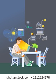 Man Working from Home by Using Laptop and Internet. Workplace for self employed