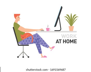  A man  working at home with cat. Flat vector concept illustration. Home office. Work at home. 