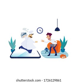 Man working at home with chef serving food from smartphone. Work from home. Online food delivery.