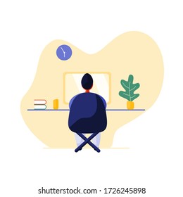 Hombre trabajando en casa con una computadora, ilustración de concepto, ilustración de estilo plano vectorial 