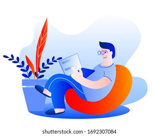 Man working at home at the computer. Vector illustration in red and blue colors on the theme of working as a freelancer.