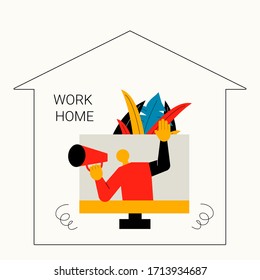 man working home with computer, work home concept vector illustration