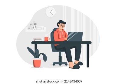 Hombre trabajando en el concepto de casa en diseño plano. Trabajador independiente que realiza tareas en el portátil mientras está sentado en los escritorios de la cómoda oficina doméstica. El diseñador trabaja en línea. Ilustración vectorial con escena de personas para web