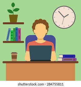 Man Working At Home Concept. Flat Design. Vector Illustration