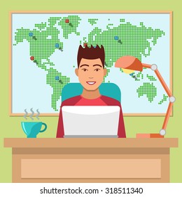 Man Working At Home Concept. Flat Design. Vector Illustration