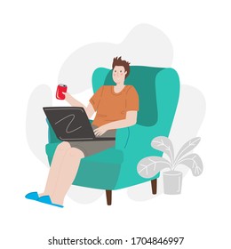 Man Working At Home. Concept Vector Flat Illustration. Freelancer Surfing The Internet, Holding A Laptop And Sitting In A Chair. Person In Quarantine Browsing Internet. Stay Connected During Virus.