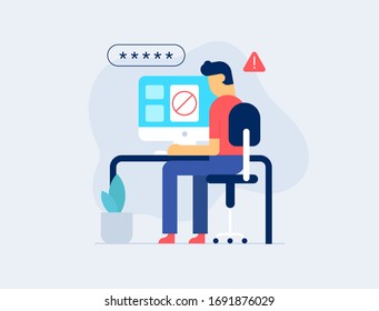 Man working from  home and could log in to account. IT Admin problem concept. Flat design illustration.  