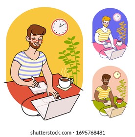 Man working from home. Cozy, colorful home office. Plant in the background. Home office and coffee. Cozy workspace, clock on the wall. Flat style cartoonish illustration.