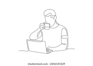 Man working from home drinking coffee.Working from home one-line drawing