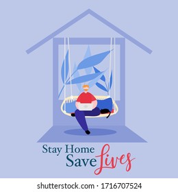Man working from Home during outbreak of Coronavirus COVID-19. Self-quarantine Concept. Stay Home Save Lives Campaign. Flat Vector Illustration. Person use Laptop and sit on Hanging Chair with cat.