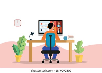 Man working from home during the quarantine.social distancing and self-isolation.freelance, online education, social media concept in flat style