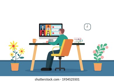 Man working from home during the quarantine.social distancing and self-isolation.freelance, online education, social media concept in flat style.