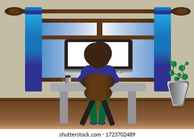  Hombre trabajando en casa. Trabajo independiente en un equipo de una mesa
