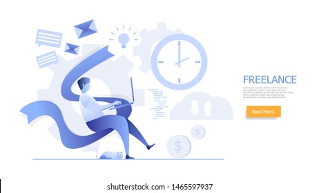 man working at home freelance concept cartoon flat design vector illustration landing page