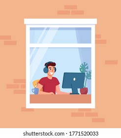 Man working at home. Freelancer at the computer in headphones. Stay home, remote work  concept. Social isolation during epidemic. Satisfied employee working. Vector illustration in flat style 