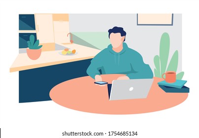 
Un hombre trabajando en casa. Una trabajadora independiente trabajando desde la cocina. Quédate en casa y aprende en línea. El tipo está estudiando cursos en línea en su apartamento. Interior moderno, sala de estudio. Trabajo del siglo XXI. Vector